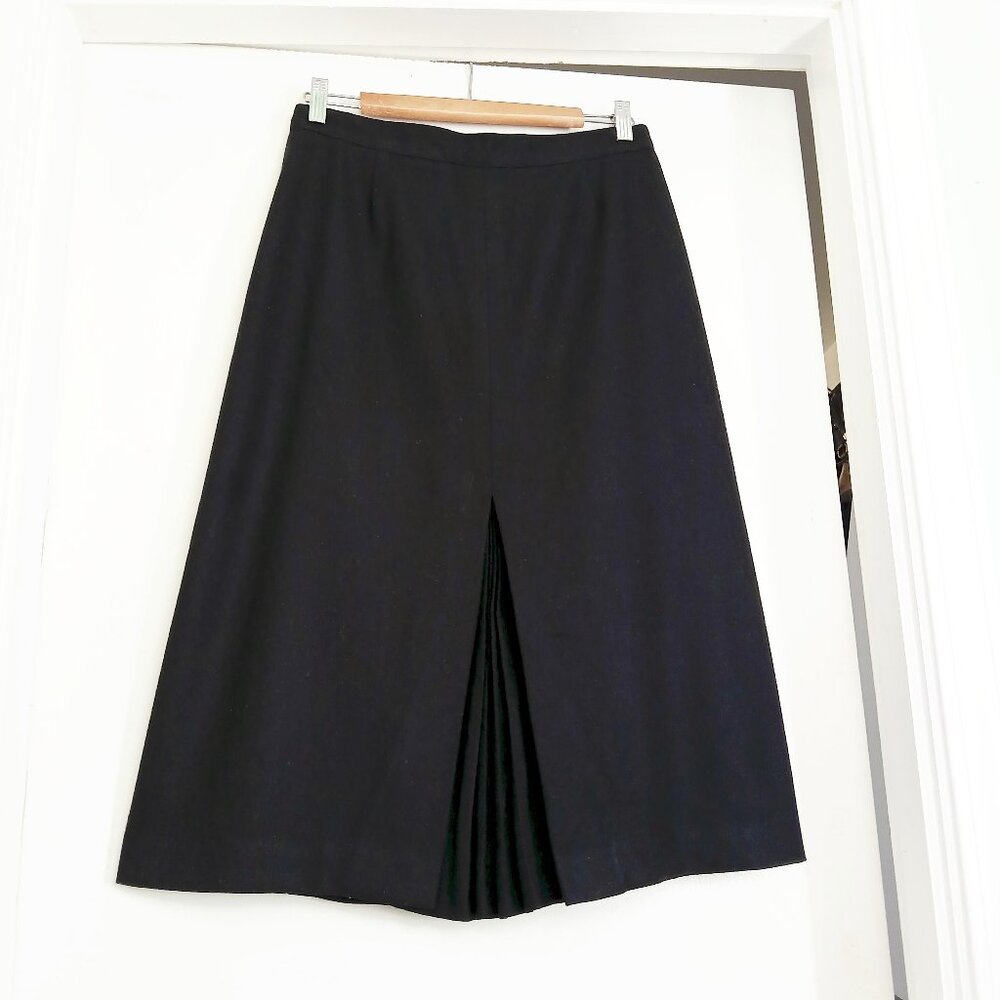 Vintage Panther 70's Black Wool Pleat Center Front A-Line Midi Skirt Sz M